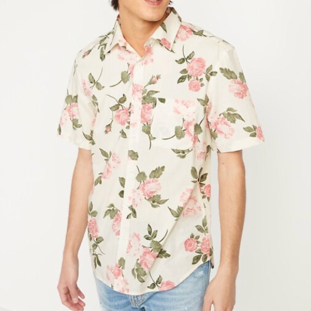 Old Navy Everyday Built-In Flex Pink Roses Preppy Short-Sleeve Shirt Size L